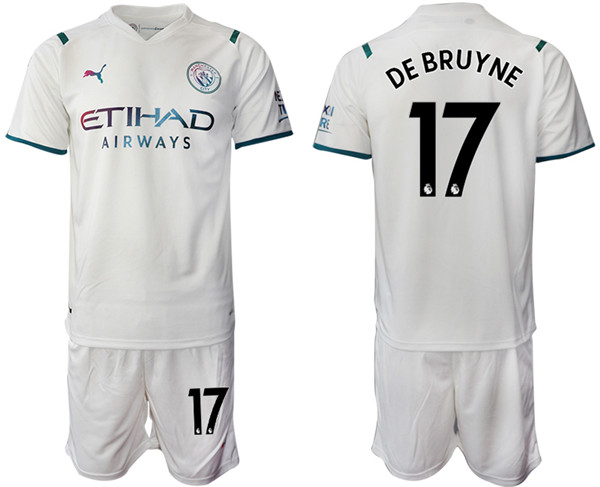 Men's Manchester City #17 Kevin De Bruyne 2021/22 White Away Soccer Jersey Suit